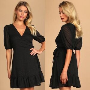 NWT Lulus Sweetly Styled Black Swiss Dot Ruffled Puff Sleeve Wrap Dress